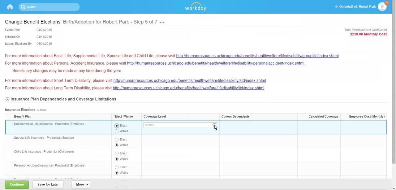 Health Savings Account election screen with elect/waive options and contribution amount fields.
