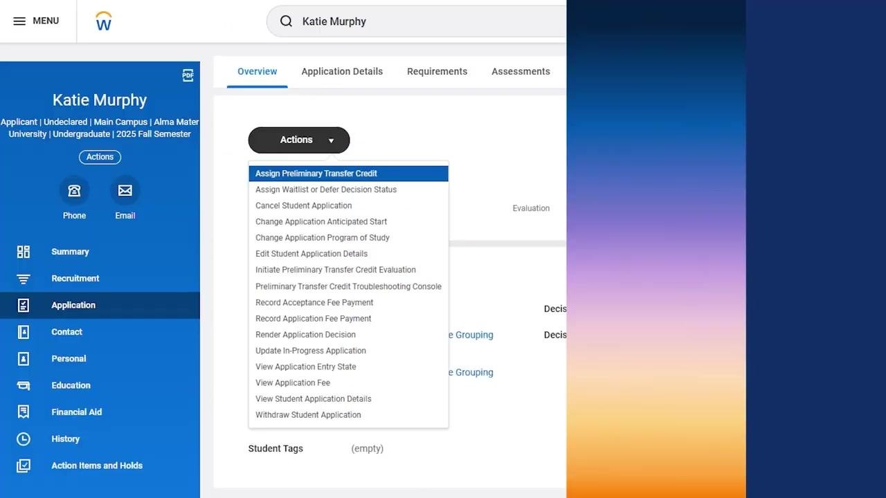 Dropdown menu under the Actions button on the application profile, showing "Change Application Program of Study" as one of the available options.
