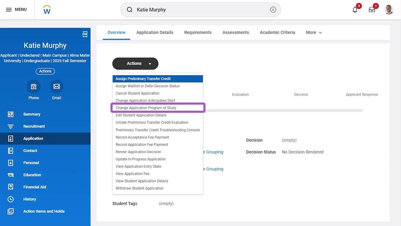 Dropdown menu under the Actions button with "Change Application Program of Study" highlighted. The Decision Status field shows "No Decision Rendered."