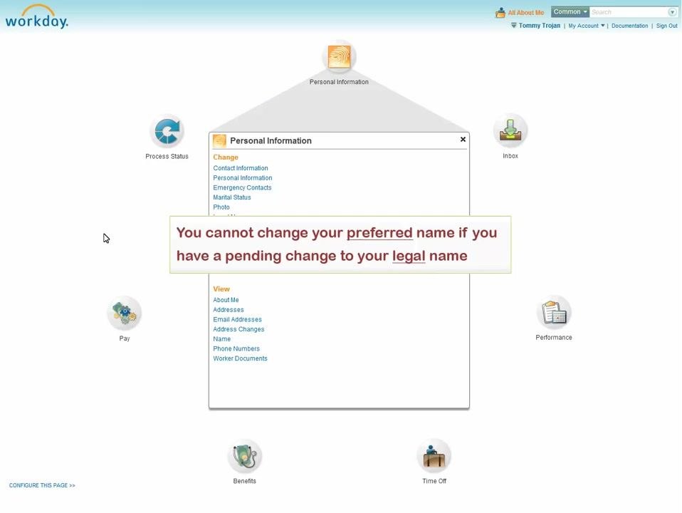 Title slide showing "Employee Self-Service Training: Changing Your Legal and Preferred Name" for USC Workday