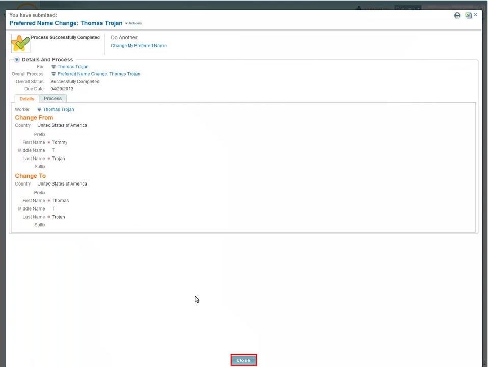 Confirmation screen stating that no documentation is necessary for a preferred name change