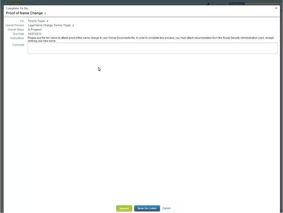 Proof of Name Change screen showing upload instructions and the Submit button