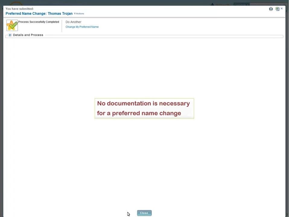 Change My Preferred Name screen with the first name field being edited to a new preferred name