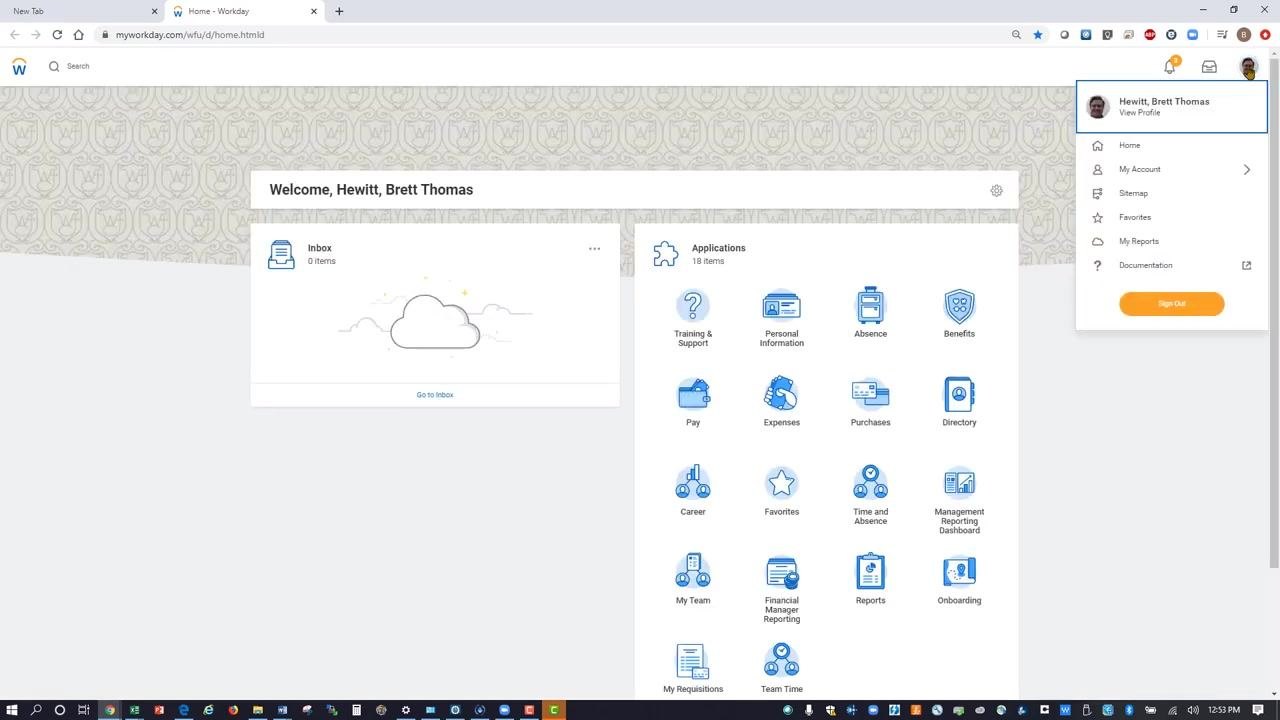 A Google Chrome browser window open to a new tab, showing the search bar and several shortcut icons, including one for Workday. The Windows taskbar appears at the bottom, and no Workday content is open yet.