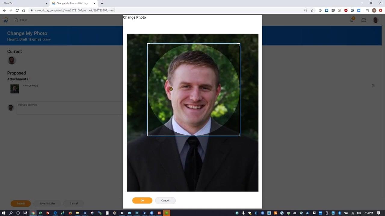 The Workday "Change Photo" dialog with the new profile photo positioned and the orange OK button visible at the bottom.