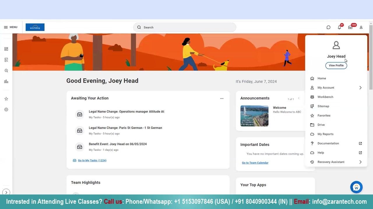 Workday dashboard with the profile dropdown open, showing "Joey Head" and the "View Profile" button highlighted.