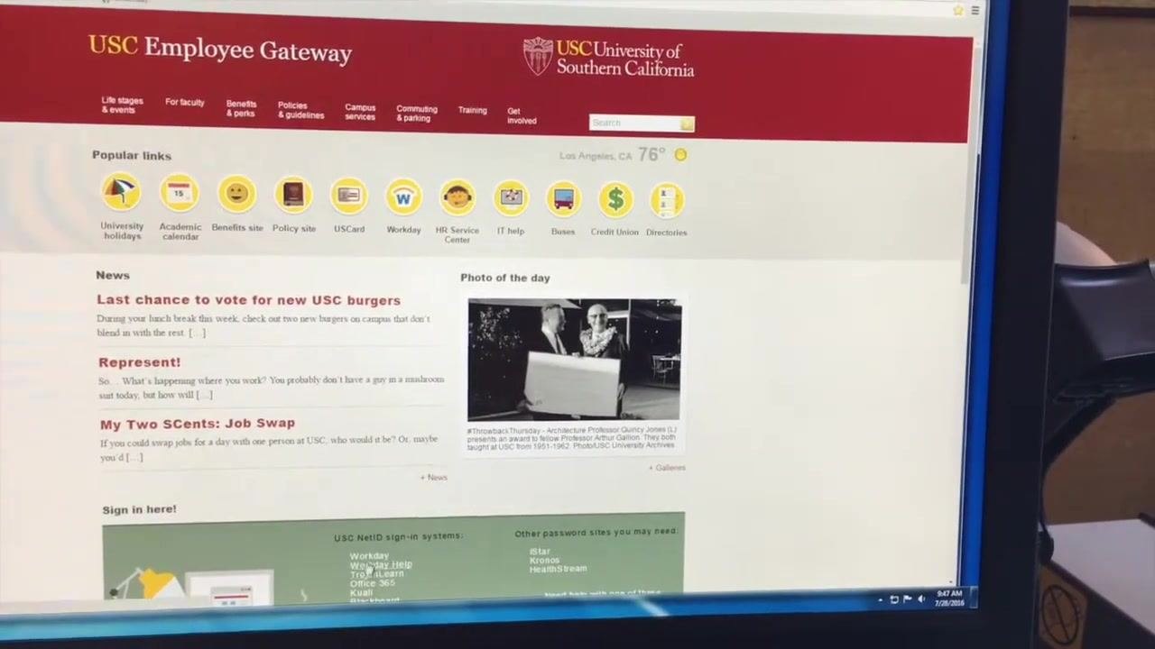 The Workday homepage is shown with icons for USC Quicklinks, Time, Inbox, Directory, Time Off, Personal Information, Pay, and Benefits.