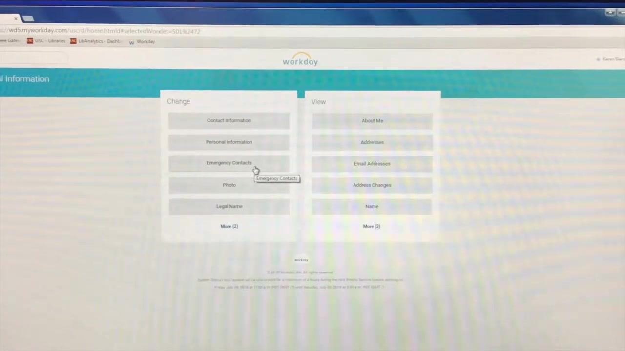 The Personal Information section in Workday, showing options to change or view contact information, personal information, emergency contacts, photo, legal name, and more.