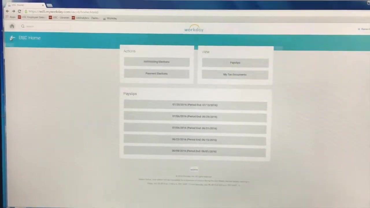 The Pay section in Workday, showing options for payment elections, payslips, and tax documents. Several payslip entries are listed.