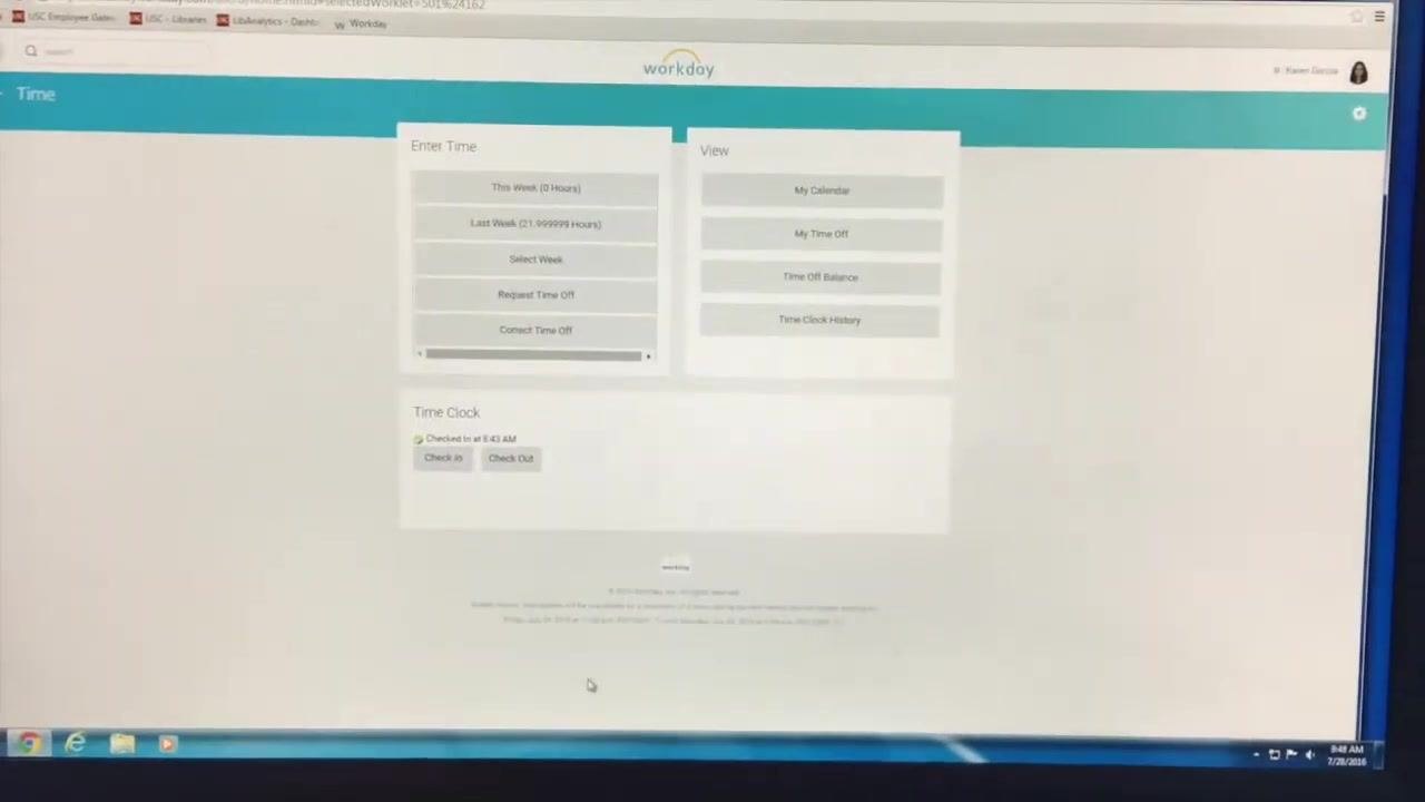 Workday Time Clock screen showing 'Checked in at 8:43 AM' with Check In and Check Out buttons.