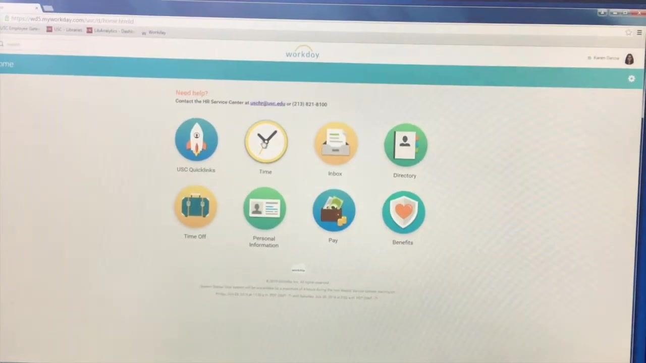 Workday homepage with icons for Time, Inbox, Directory, Time Off, Personal Information, Pay, and Benefits.