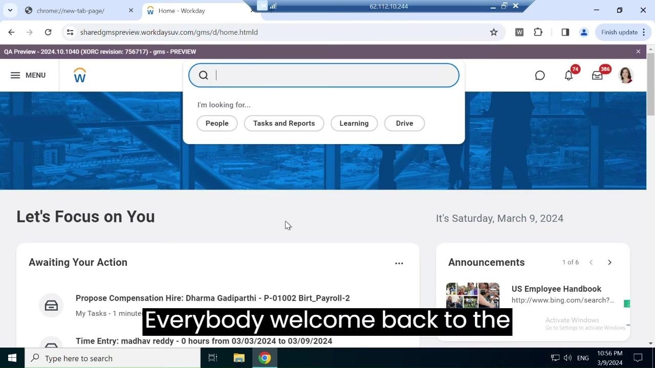Workday Home page showing the search bar, notifications, and action items