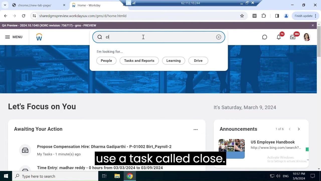Typing "cl" in the Workday search bar to locate the Close Job Requisition task