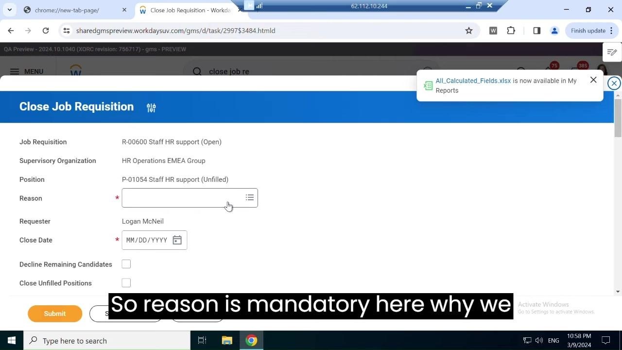 Close Job Requisition form with fields for reason, close date, and optional checkboxes