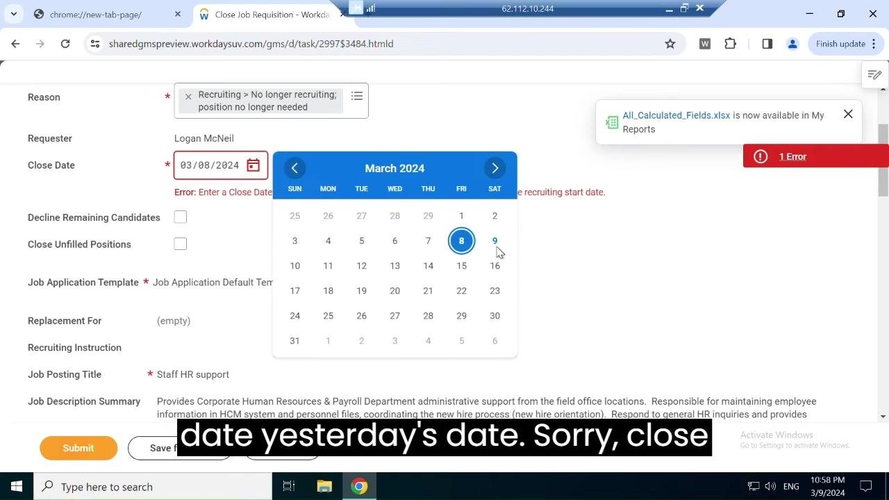 Reason dropdown open with "Recruiting > No longer recruiting; position no longer needed" selected
