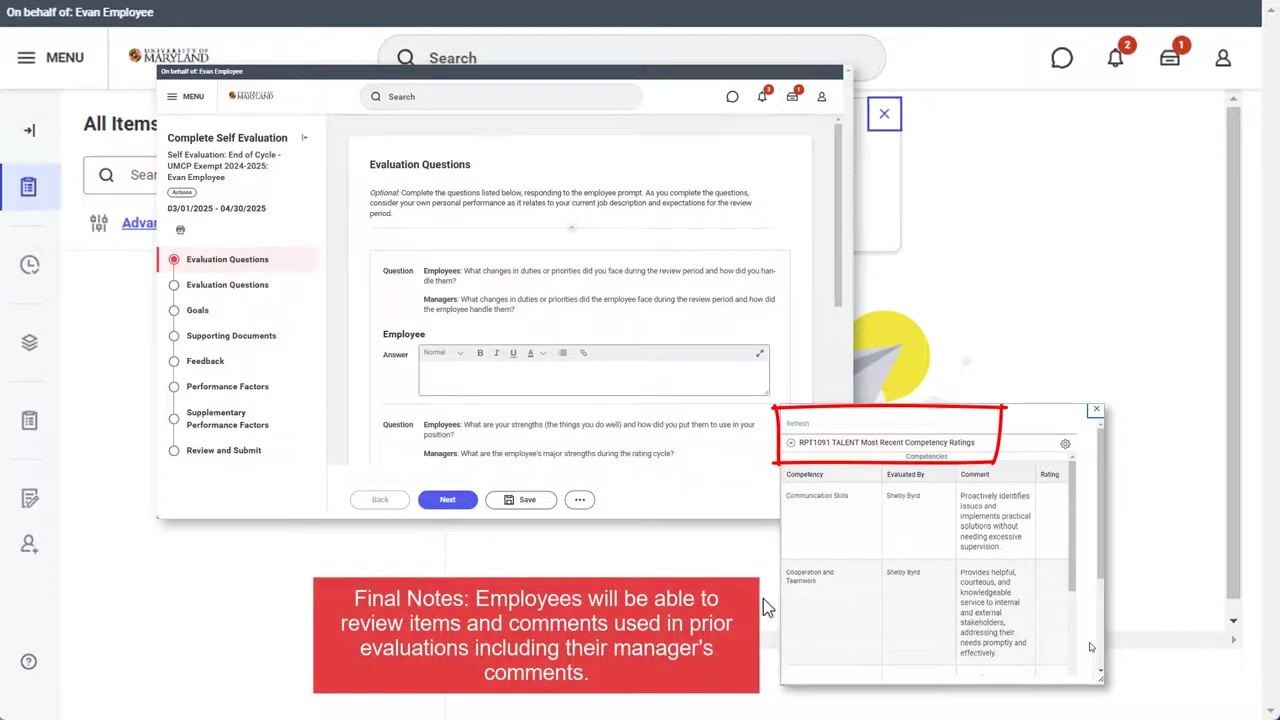 Evaluation Questions screen with a pop-up showing recent competency ratings and manager comments from prior evaluations