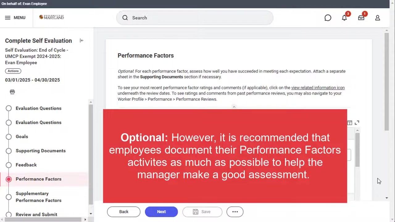 Note recommending that employees document Performance Factors activities to support their manager's assessment