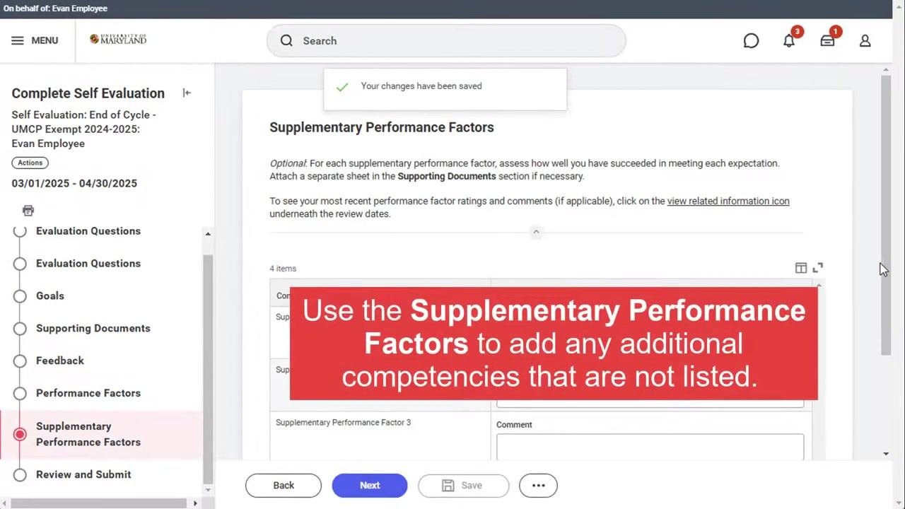 Supplementary Performance Factors section with a confirmation message indicating that changes have been saved
