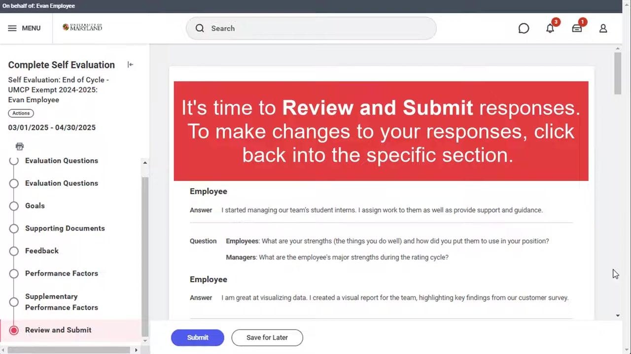 Review and Submit section showing a summary of employee answers for final review