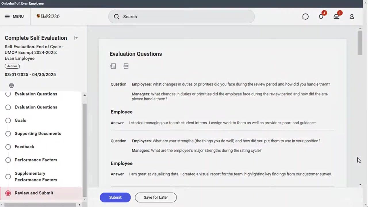 Review screen with Submit and Save for Later buttons, and the navigation menu highlighting Review and Submit