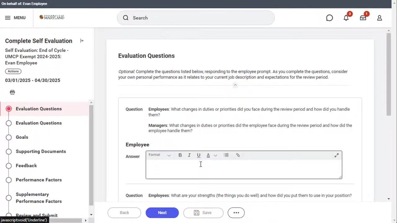 Workday homepage with the Awaiting Your Action section and the self-evaluation task highlighted
