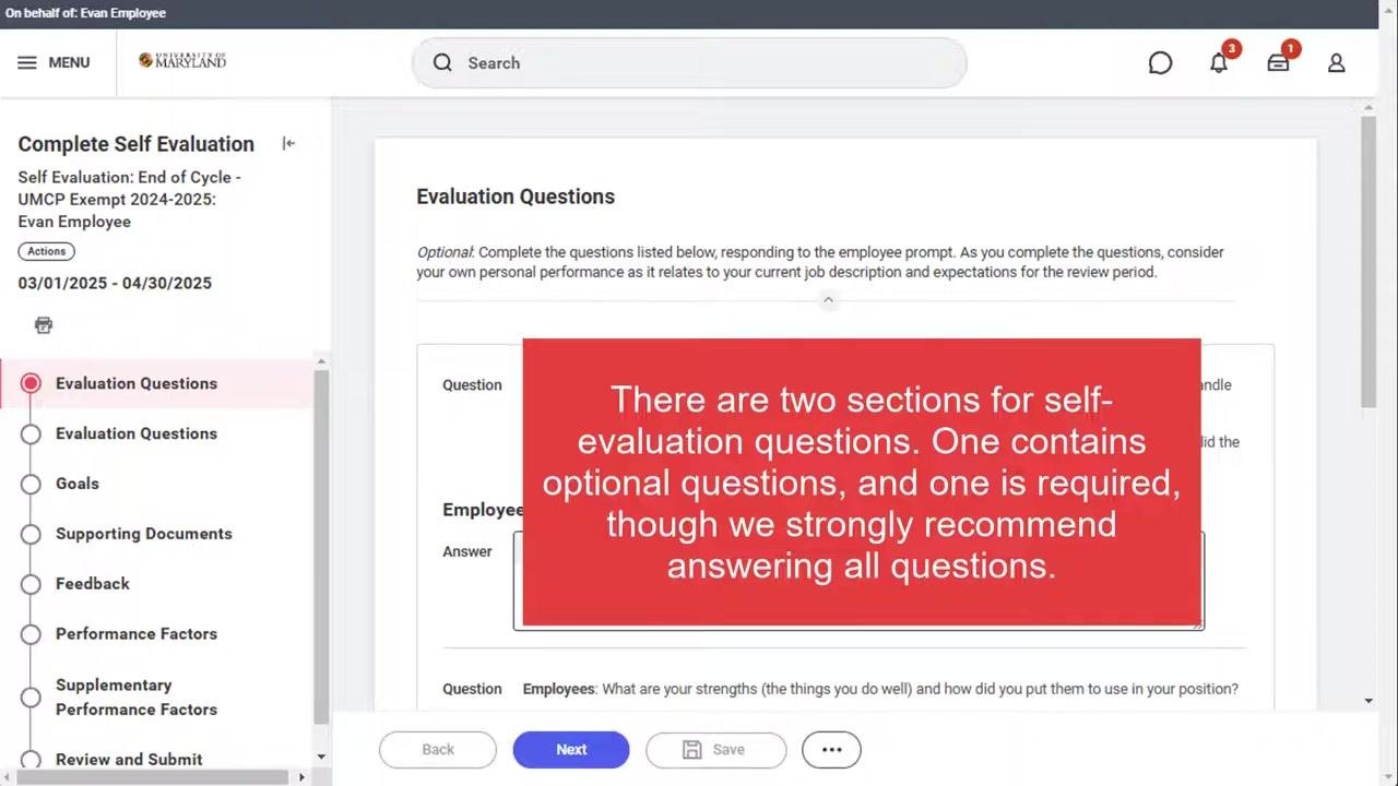 Workday self-evaluation screen explaining that the first section is optional and the second section is required