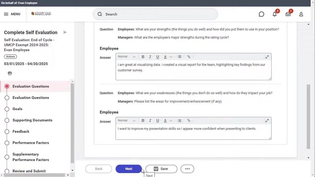 Self-evaluation screen showing completed answers for changes in duties, strengths, and weaknesses, with Next and Save buttons visible