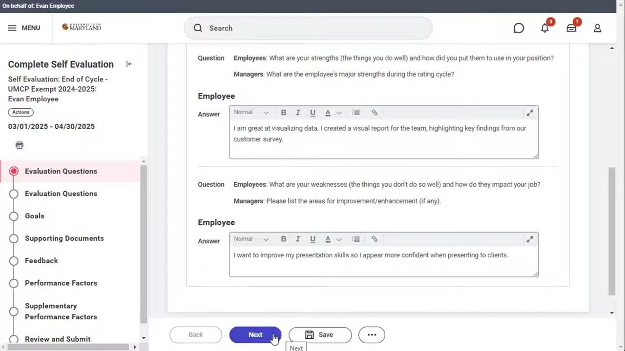 Self-evaluation screen showing the required question about job requirements, with a completed answer
