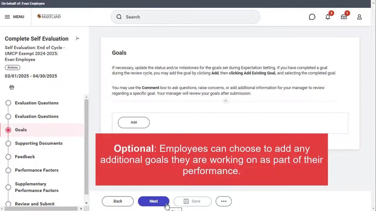 Goals page noting that adding additional goals is optional