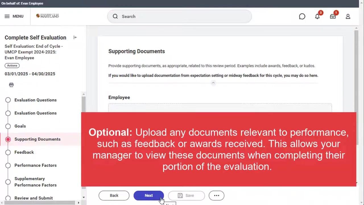 Supporting Documents page explaining the option to upload relevant documents such as feedback or awards