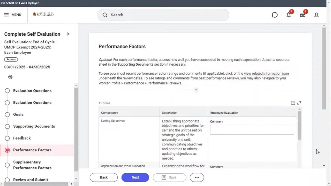 Performance Factors section with optional comment fields for competencies, including Setting Objectives and Organization and Work Allocation