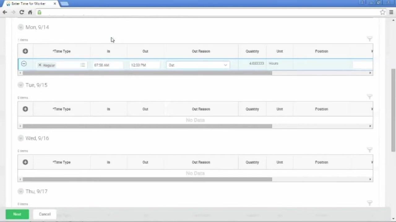 Time entry row with fields for Time Type, In, Out, Out Reason, Quantity, Unit, and Position
