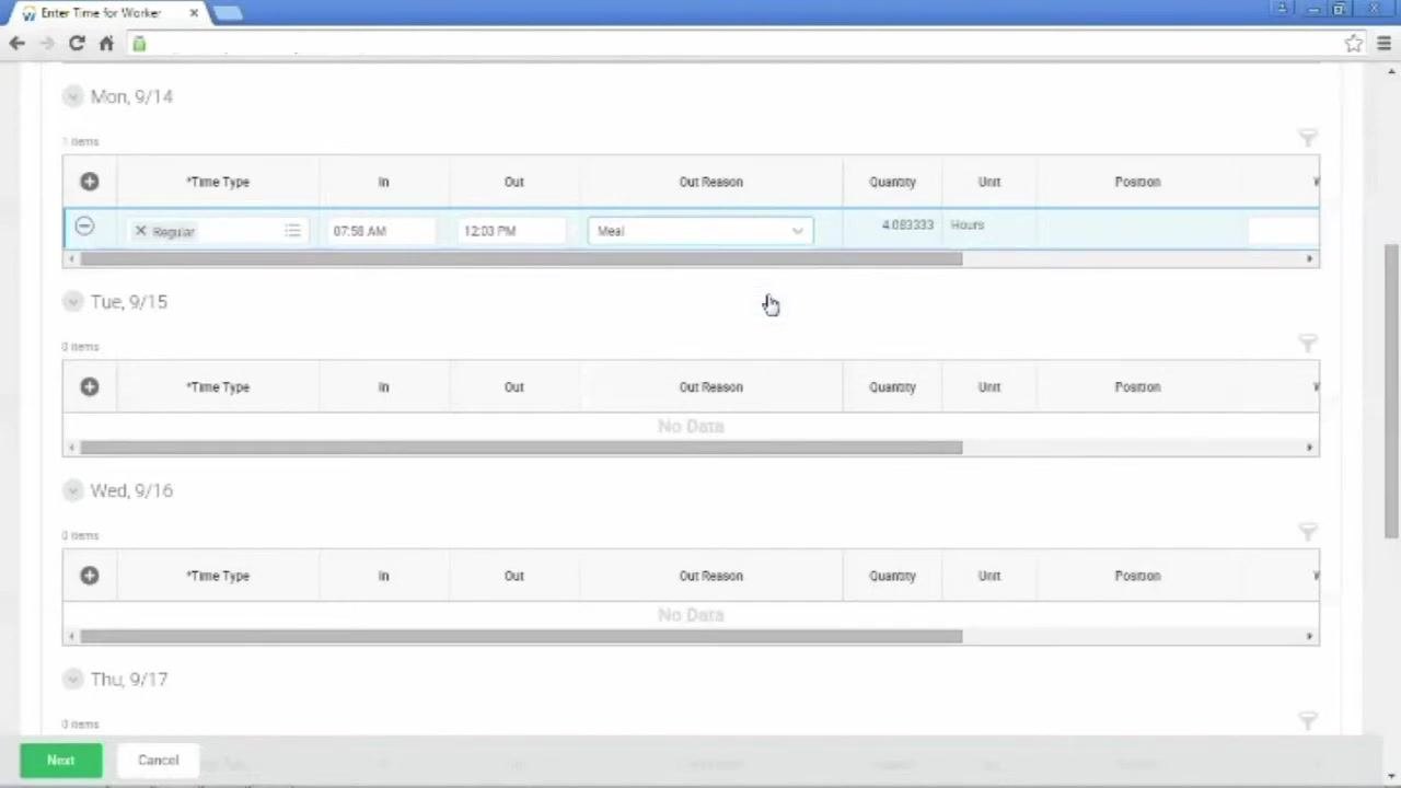 Time entry row with Out Reason set to "Meal"