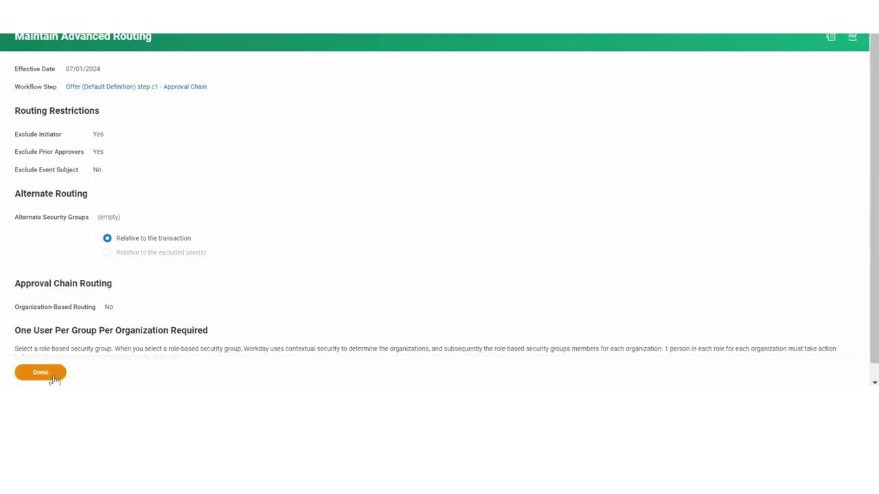 Maintain Advanced Routing screen with the "Exclude Initiator" and "Exclude Prior Approvers" checkboxes selected