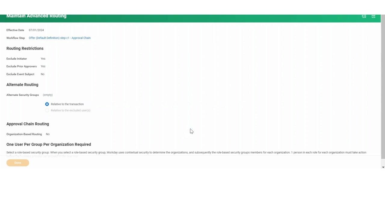 Maintain Advanced Routing screen with the OK and Done buttons being clicked to save and exit