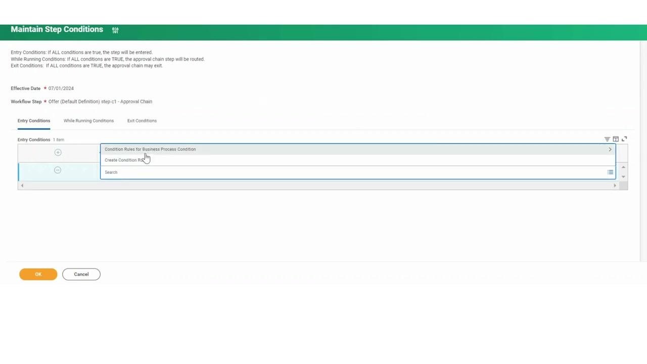 Actions dropdown open for the workflow step, with "Maintain Step Conditions" highlighted and the business process steps table visible in the background