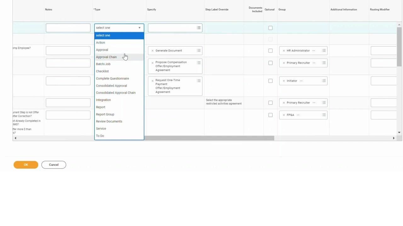 Type column dropdown open, with "Approval Chain" highlighted as the selected option for the step