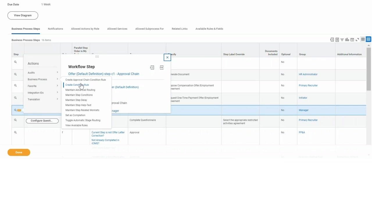 Business process steps table showing the new Approval Chain step in order "c1"