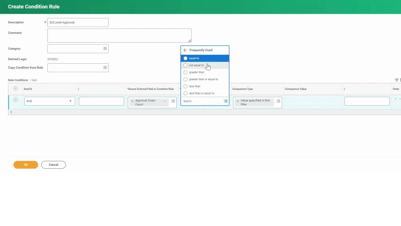 Rule Conditions section showing "Approval Chain Count," "equal to," and the comparison value being set