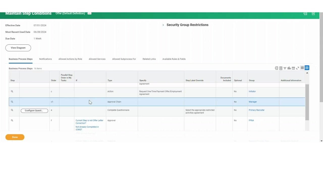 Business process steps table showing the new step "c1" (Approval Chain) with columns for order, type, group, and other details
