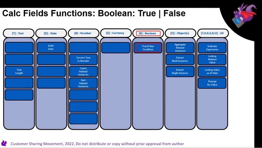 Slide titled "Calc Fields Functions: Boolean: True | False" with the "True/False Condition" function highlighted in the Boolean column.