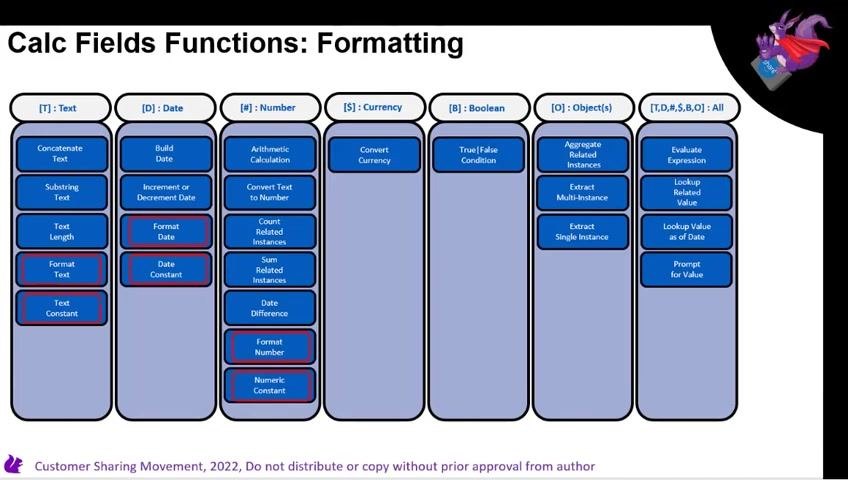 Slide titled "Calc Fields Functions: Formatting" with Format Text, Format Date, and Format Number highlighted in red boxes for their respective data types.