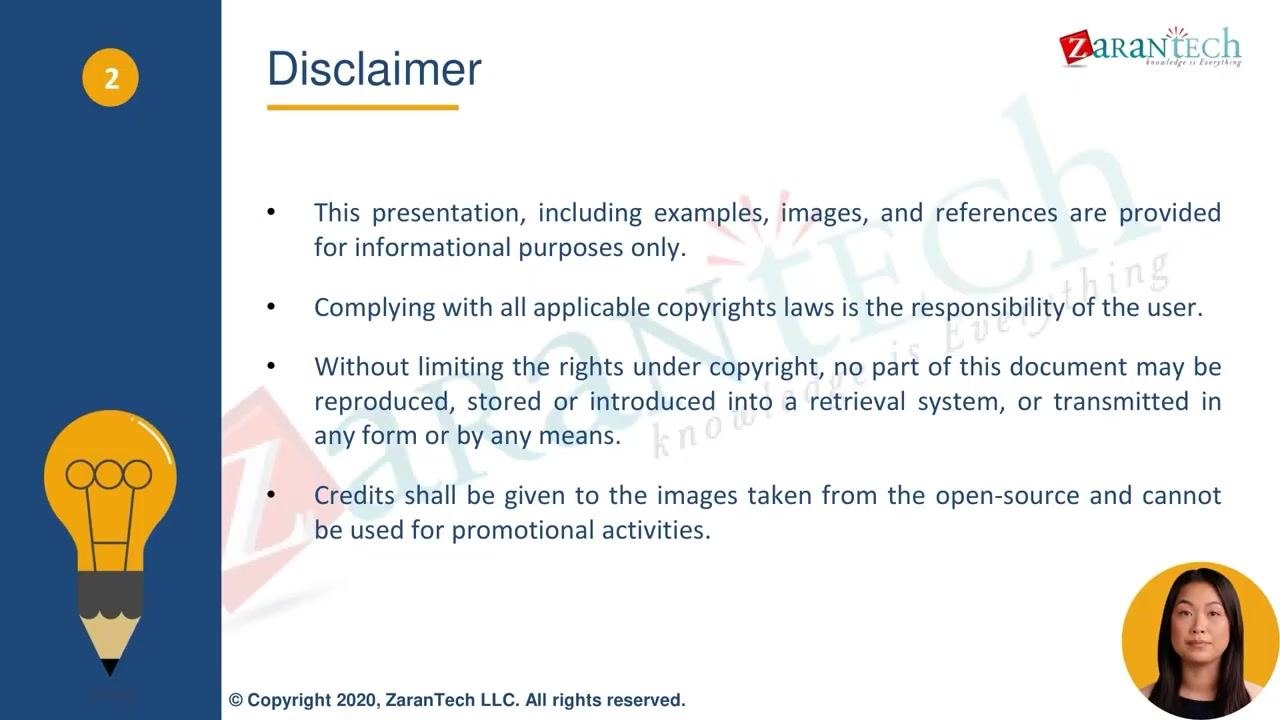 Disclaimer slide with copyright and usage information, including a small photo of the presenter in the corner