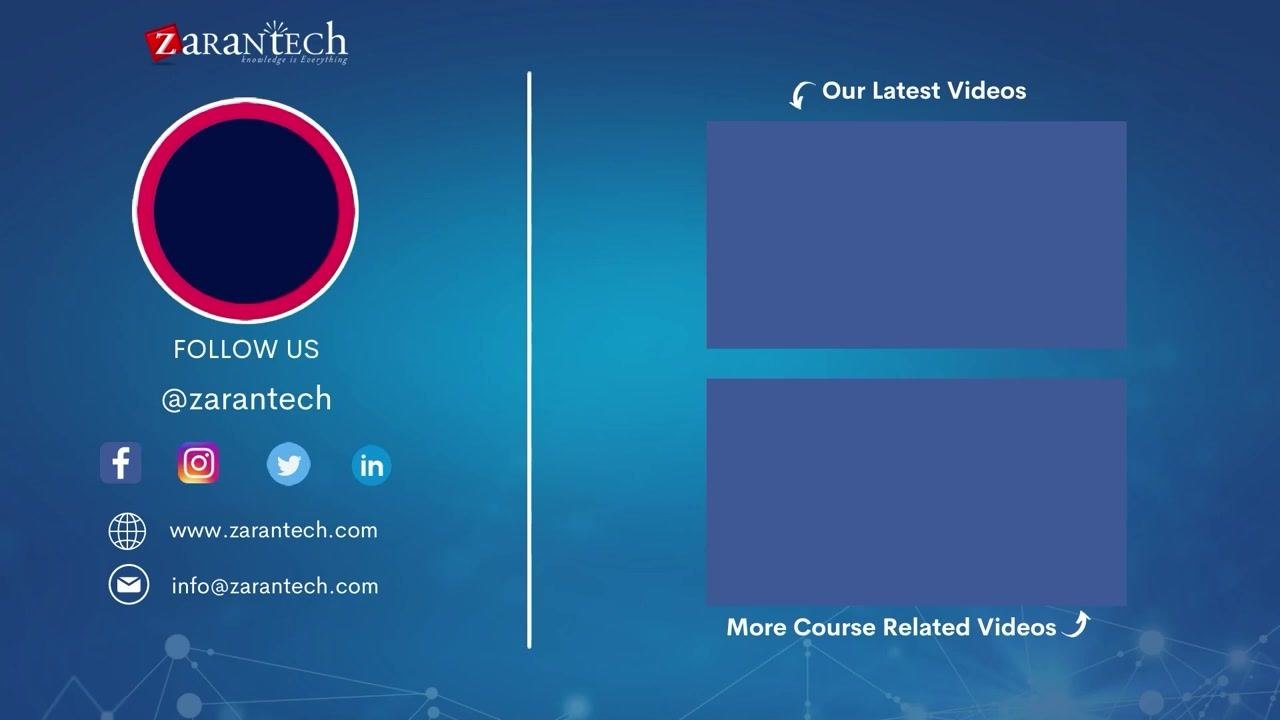 End screen with Zarantech branding, social media, website, email, and video placeholders for further engagement.