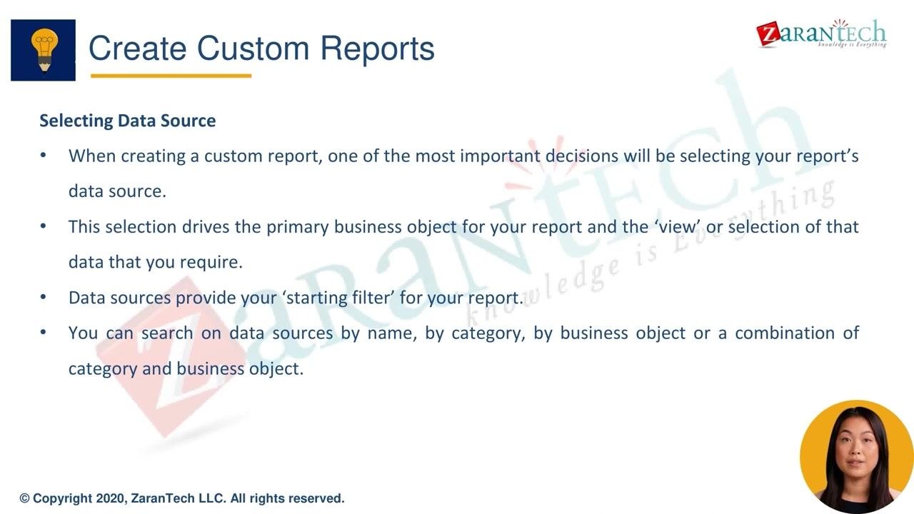 Slide explaining the importance of selecting the data source, how it drives the business object and view, and the available search methods