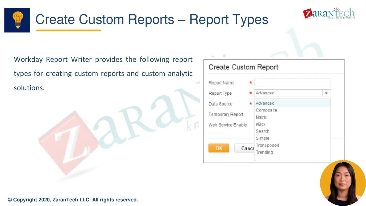 Screenshot showing the "Create Custom Report" dialog with a dropdown menu listing report types: Advanced, Composite, Matrix, nBox, Search, Simple, Transposed, Trending