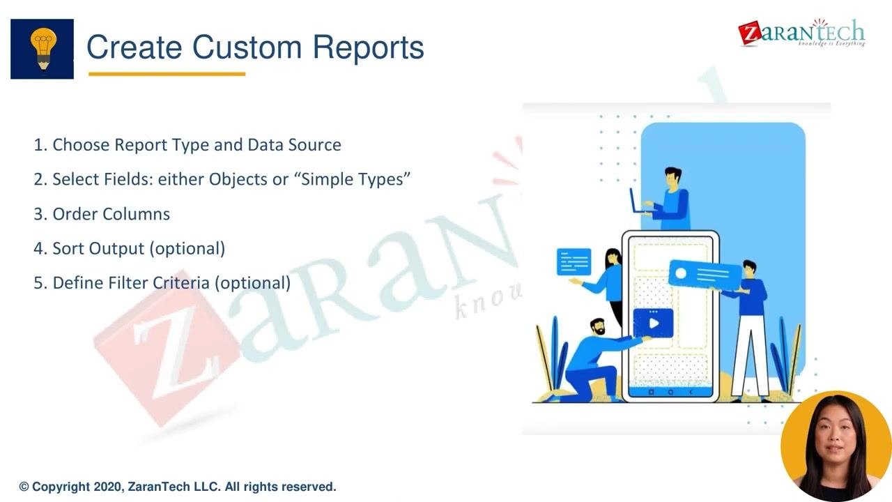 List of key steps for creating custom reports, including choosing report type and data source, selecting fields, ordering columns, sorting output, and defining filter criteria, illustrated with people working on a large mobile device