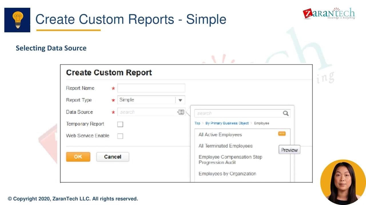 Screenshot of the "Create Custom Report" dialog showing the Data Source search and preview options, reinforcing the process of reviewing and finalizing report selections