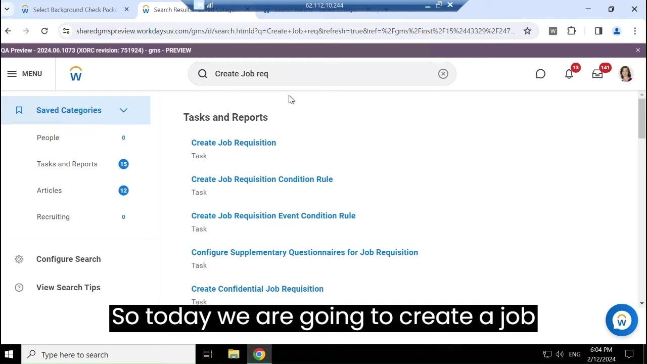 Workday search results showing "Create Job Requisition" listed under Tasks and Reports
