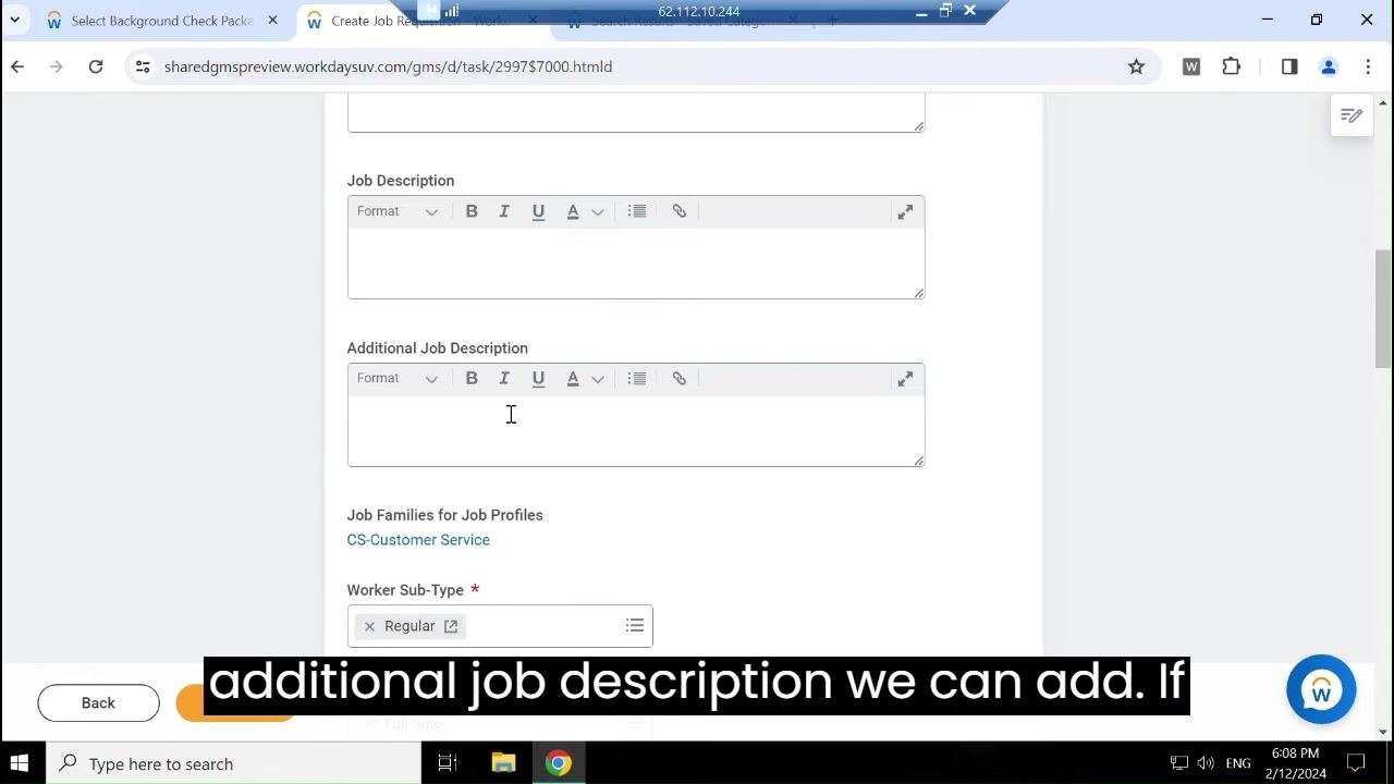 Job Details section with Job Posting Title set to "Workday Trainer" and the Justification dropdown open